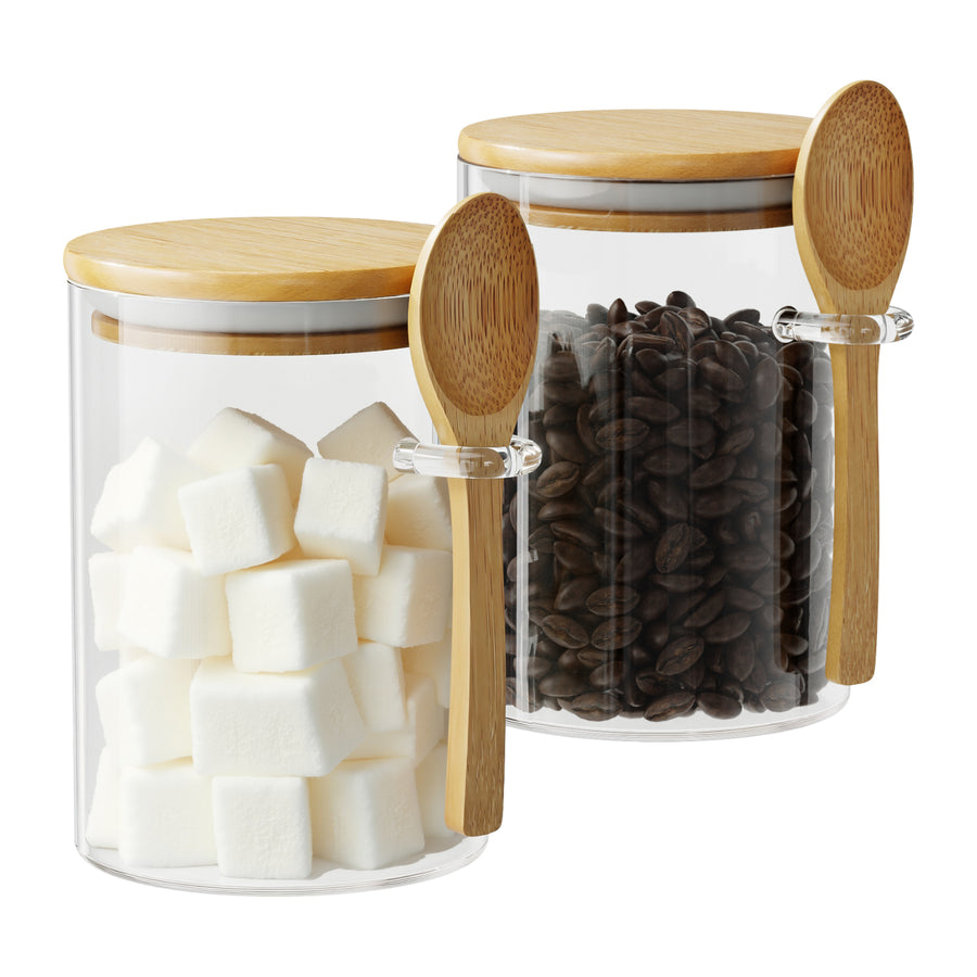 OneDream Glass Sugar Container with Spoon - 15oz Glass Jars with Bamboo Lid and Spoon, Bamboo Lid Storage Jar  Canister for Coffee Beans, Spice, Brown Sugar, Tea, Flour, Nuts, Candy, Salts and More