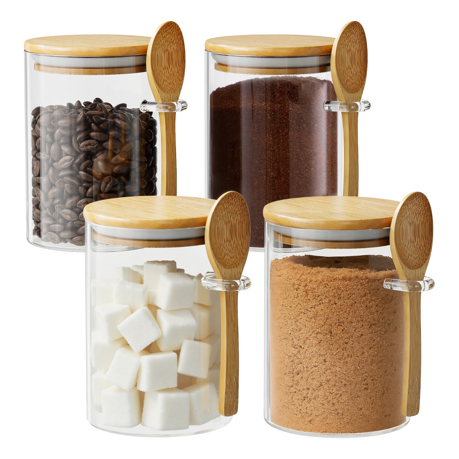 OneDream Glass Sugar Container with Spoon - 15oz Glass Jars with Bamboo Lid and Spoon, Bamboo Lid Storage Jar  Canister for Coffee Beans, Spice, Brown Sugar, Tea, Flour, Nuts, Candy, Salts and More