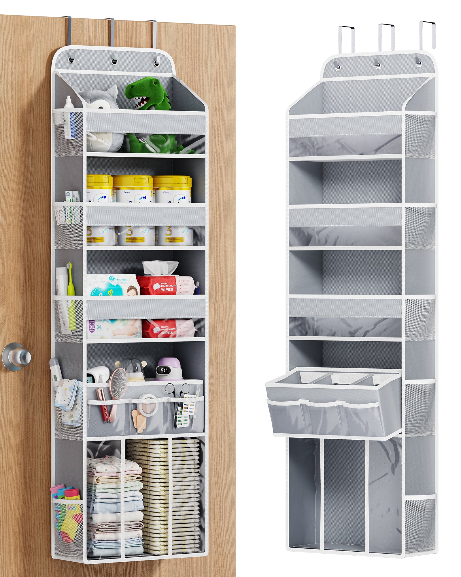 OneDream Over the Door Organizer for Nursery, 5-Tier Baby Clothes Organizer with Removable Storage Caddy, Hanging Behind Door Storage with Clear Pockets and Side Mesh Compartments