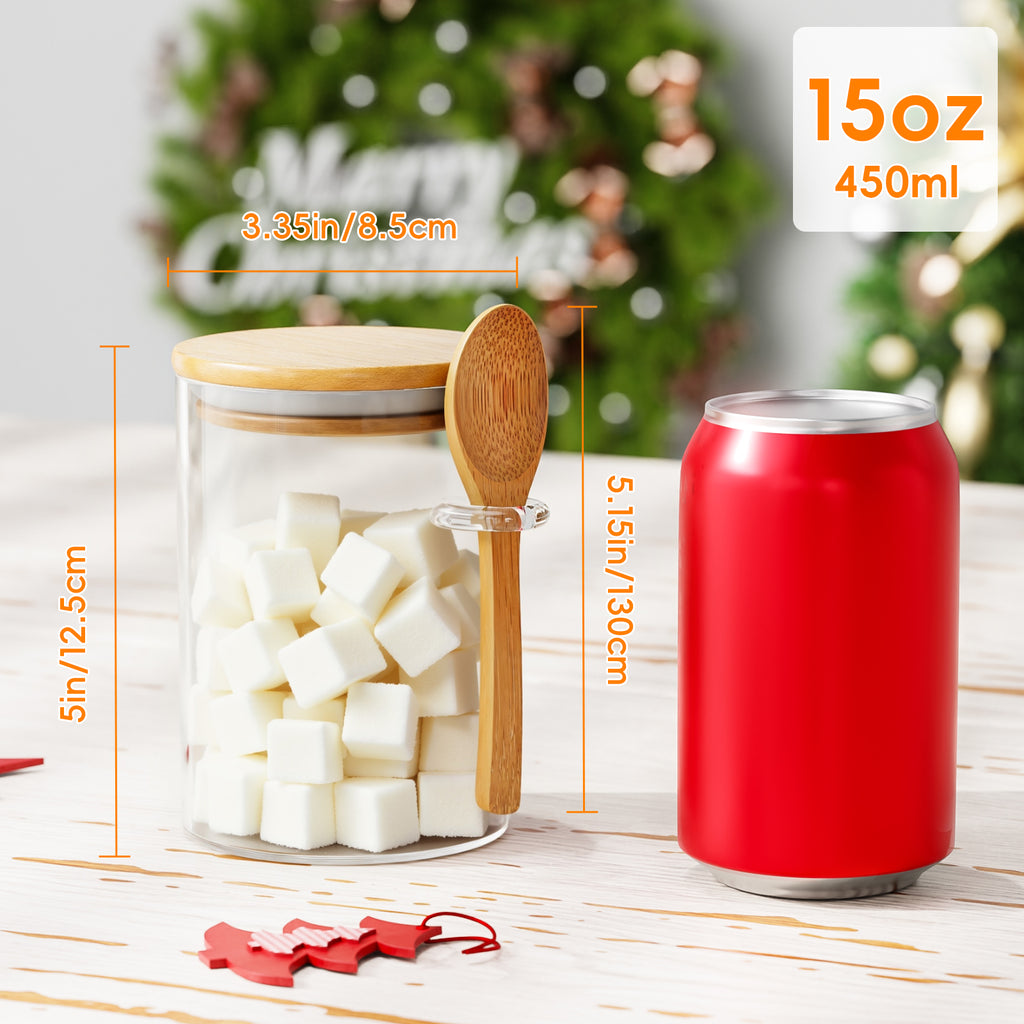 OneDream Glass Sugar Container with Spoon - 15oz Glass Jars with Bamboo Lid and Spoon, Bamboo Lid Storage Jar  Canister for Coffee Beans, Spice, Brown Sugar, Tea, Flour, Nuts, Candy, Salts and More
