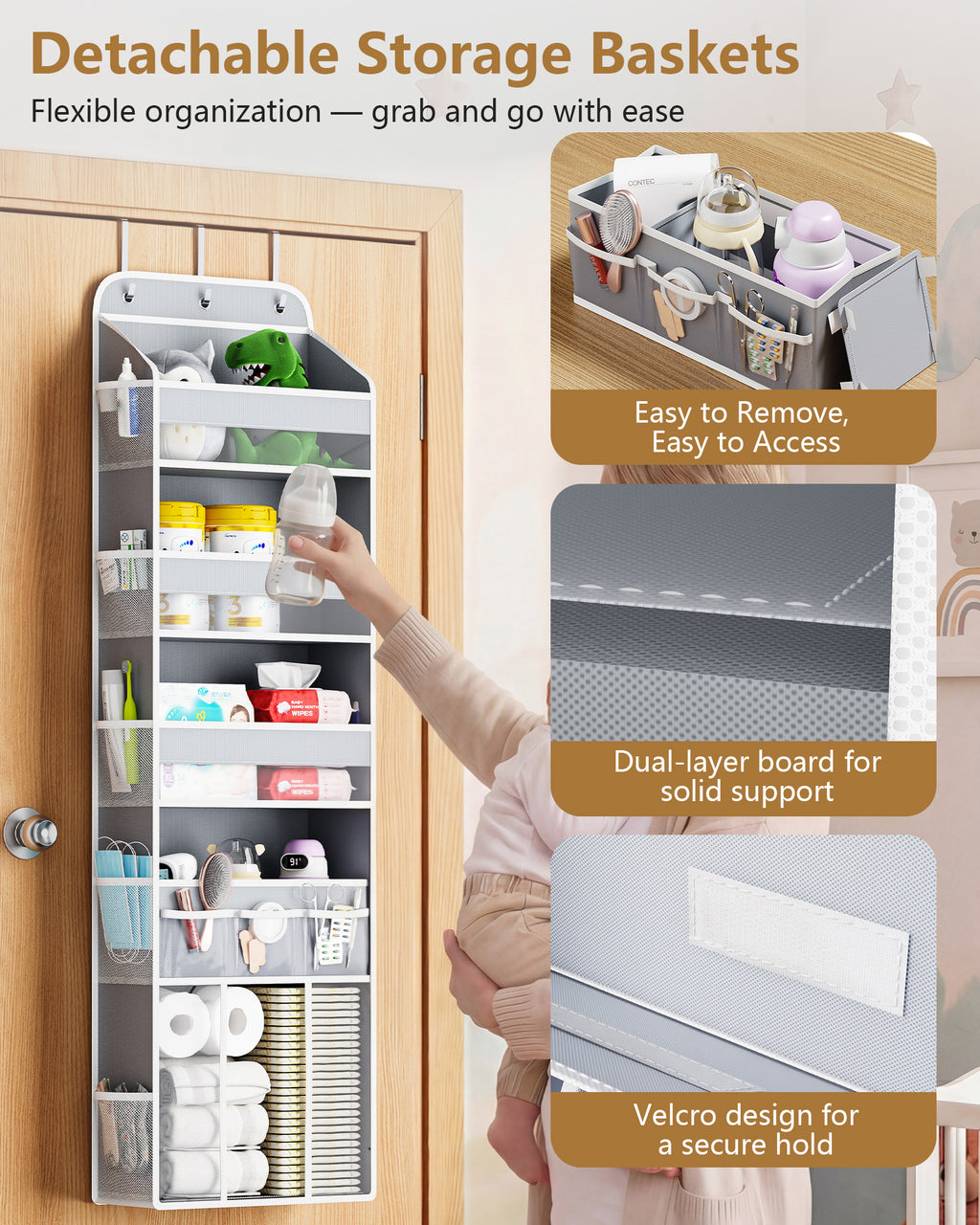 OneDream Over the Door Organizer for Nursery, 5-Tier Baby Clothes Organizer with Removable Storage Caddy, Hanging Behind Door Storage with Clear Pockets and Side Mesh Compartments