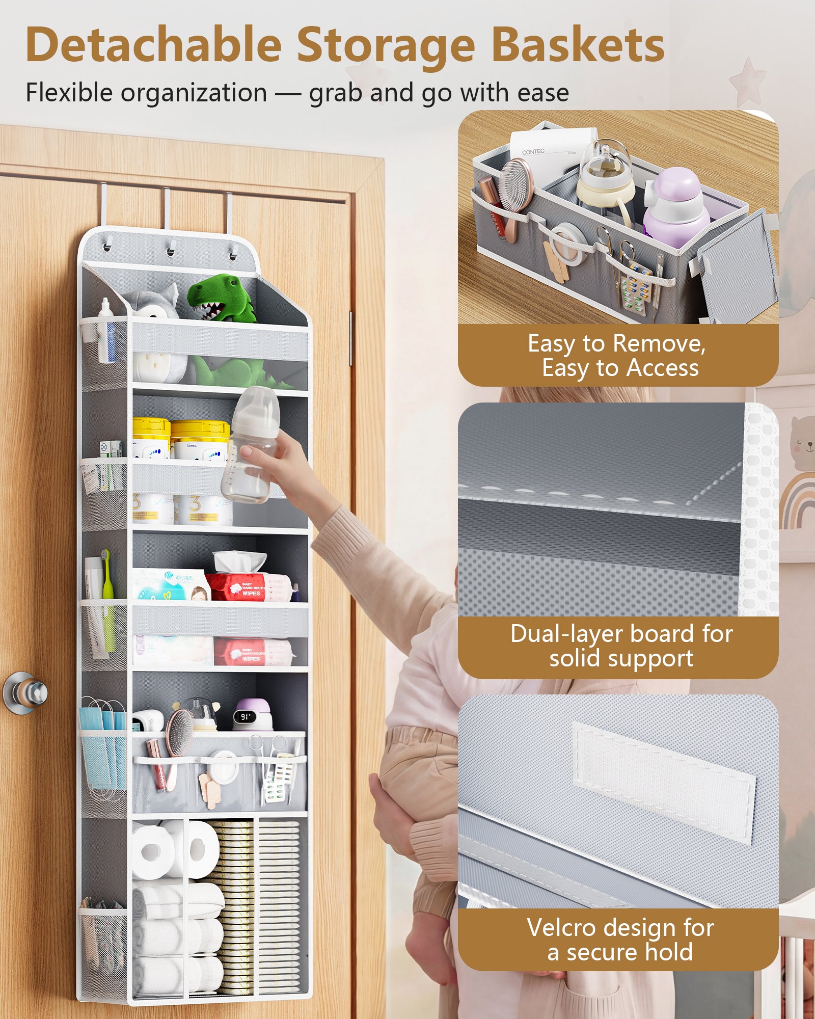 OneDream Over the Door Organizer for Nursery, 5-Tier Baby Clothes Organizer with Removable Storage Caddy, Hanging Behind Door Storage with Clear Pockets and Side Mesh Compartments