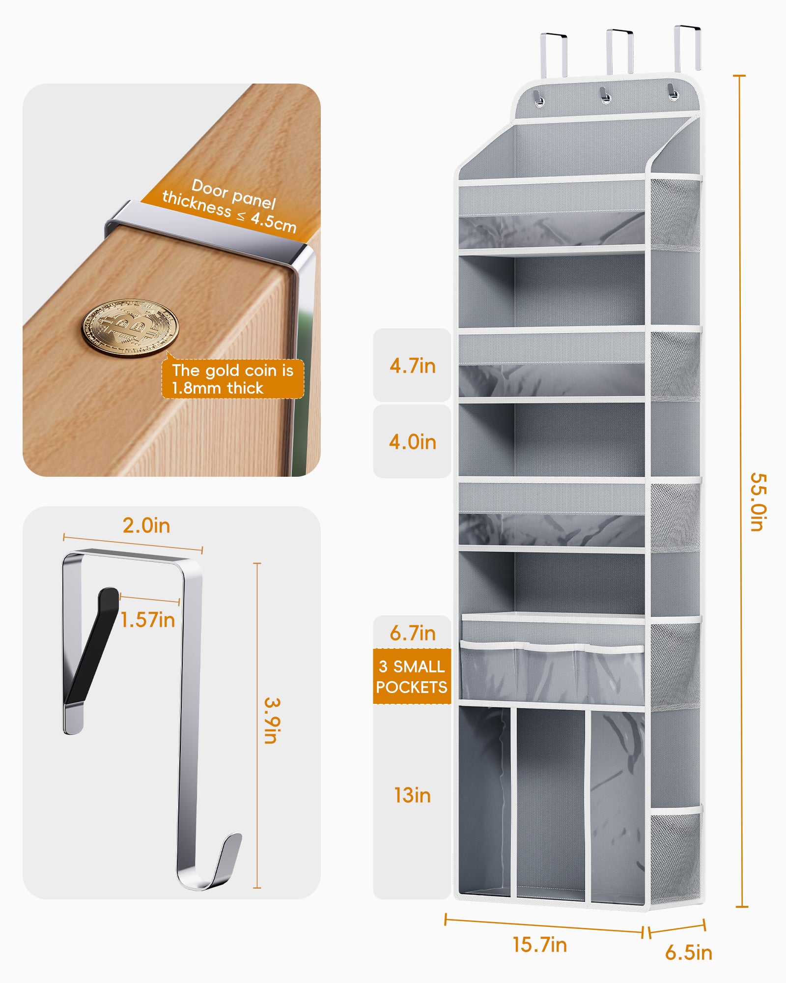 OneDream Over the Door Organizer for Nursery, 5-Tier Baby Clothes Organizer with Removable Storage Caddy, Hanging Behind Door Storage with Clear Pockets and Side Mesh Compartments