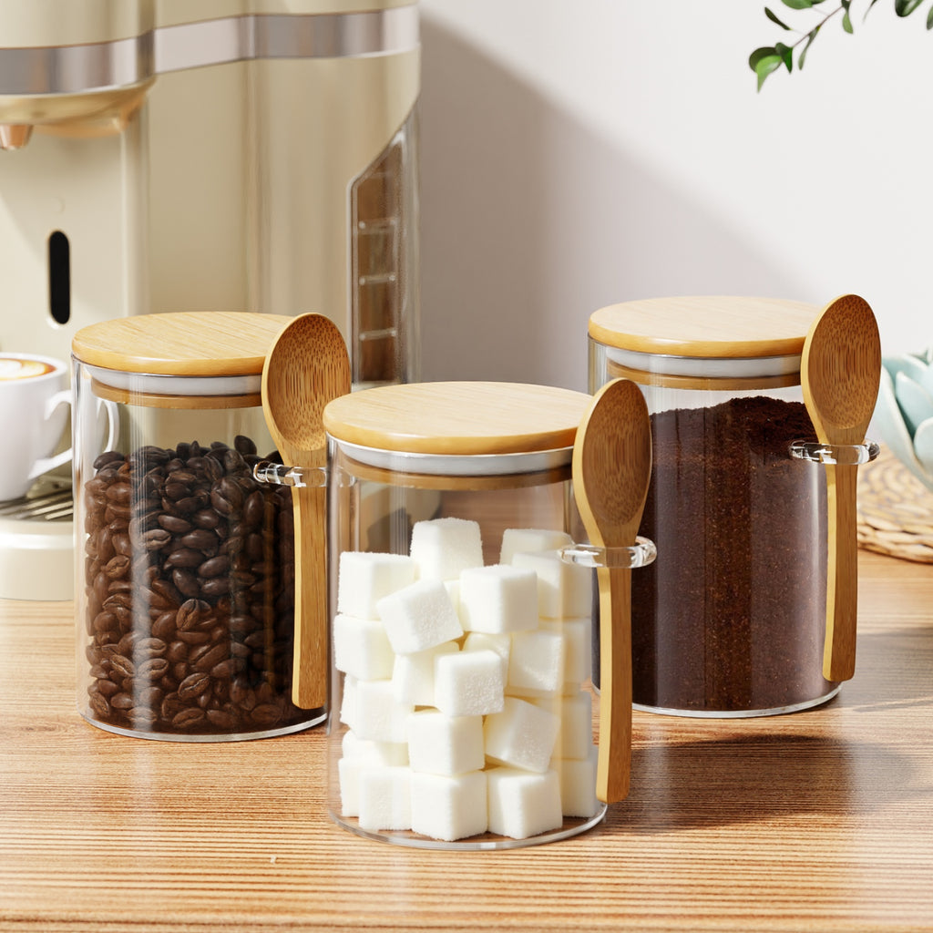 OneDream Glass Sugar Container with Spoon - 15oz Glass Jars with Bamboo Lid and Spoon, Bamboo Lid Storage Jar  Canister for Coffee Beans, Spice, Brown Sugar, Tea, Flour, Nuts, Candy, Salts and More