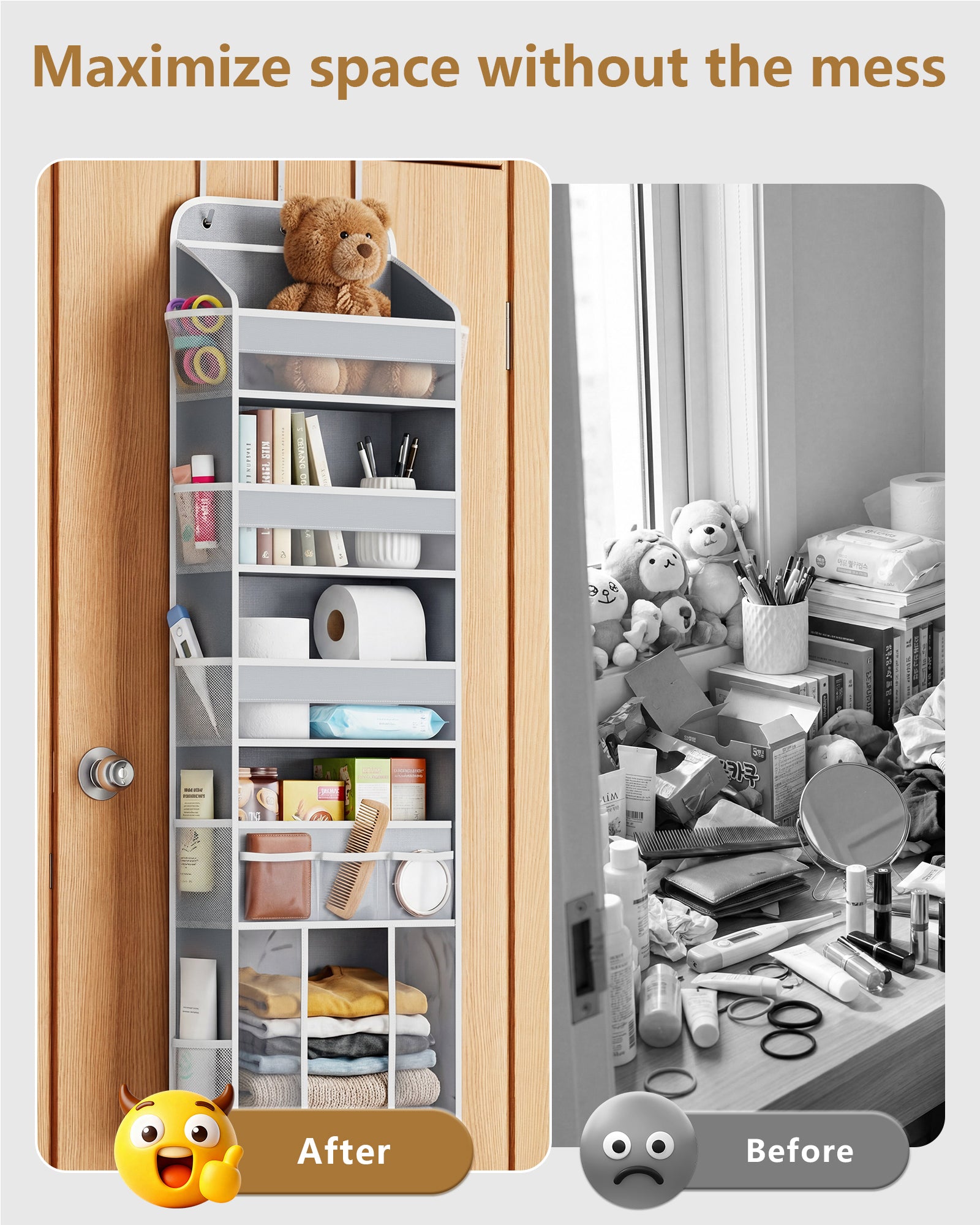 OneDream Over the Door Organizer for Nursery, 5-Tier Baby Clothes Organizer with Removable Storage Caddy, Hanging Behind Door Storage with Clear Pockets and Side Mesh Compartments