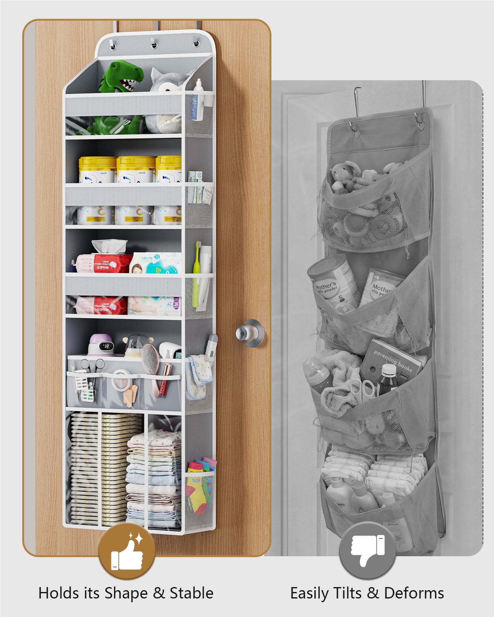 OneDream Over the Door Organizer for Nursery, 5-Tier Baby Clothes Organizer with Removable Storage Caddy, Hanging Behind Door Storage with Clear Pockets and Side Mesh Compartments