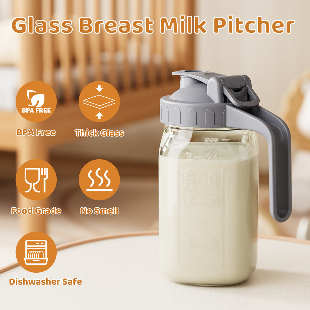 OneDream Breast Milk Pitcher 32oz Glass Pitcher with Lid, Formula Pitcher Leakproof Drip-Free Spout, Wide Mouth  Mason Jar  Pitcher for Easy Pouring, Dishwasher Safe Breastmilk Storage Pitcher