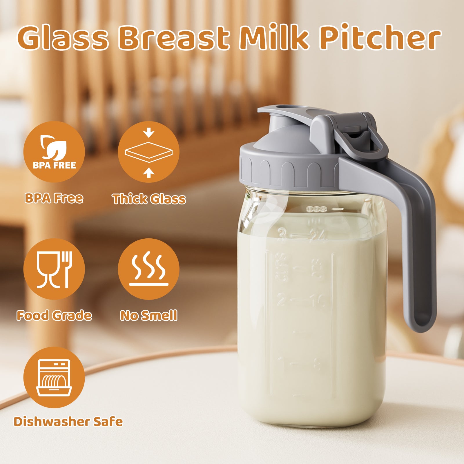 OneDream Breast Milk Pitcher 32oz Glass Pitcher with Lid, Formula Pitcher Leakproof Drip-Free Spout, Wide Mouth  Mason Jar  Pitcher for Easy Pouring, Dishwasher Safe Breastmilk Storage Pitcher