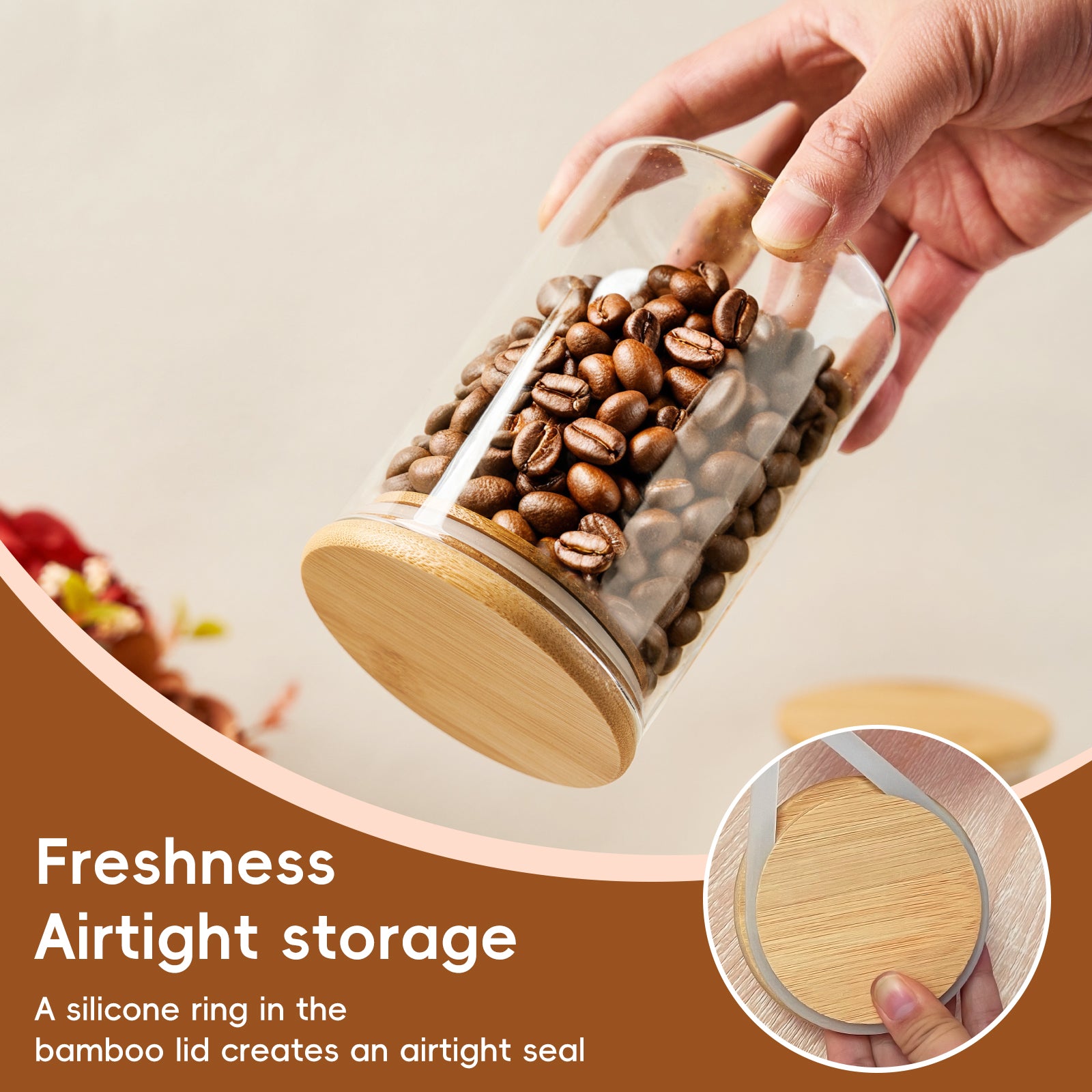 OneDream Glass Sugar Container with Spoon - 15oz Glass Jars with Bamboo Lid and Spoon, Bamboo Lid Storage Jar  Canister for Coffee Beans, Spice, Brown Sugar, Tea, Flour, Nuts, Candy, Salts and More