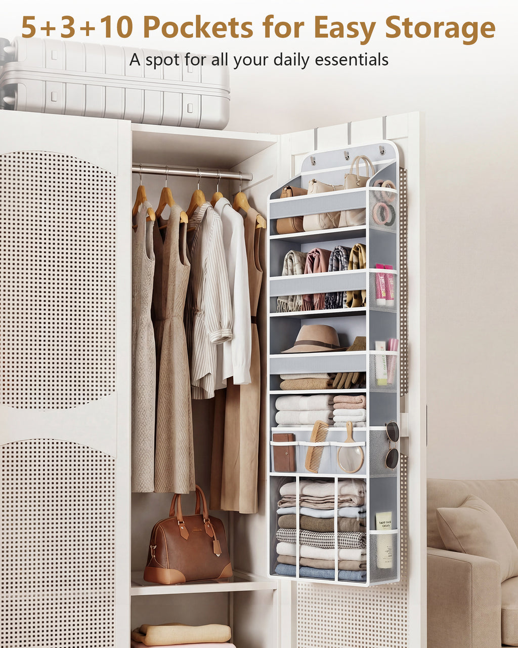 OneDream Over the Door Organizer for Nursery, 5-Tier Baby Clothes Organizer with Removable Storage Caddy, Hanging Behind Door Storage with Clear Pockets and Side Mesh Compartments