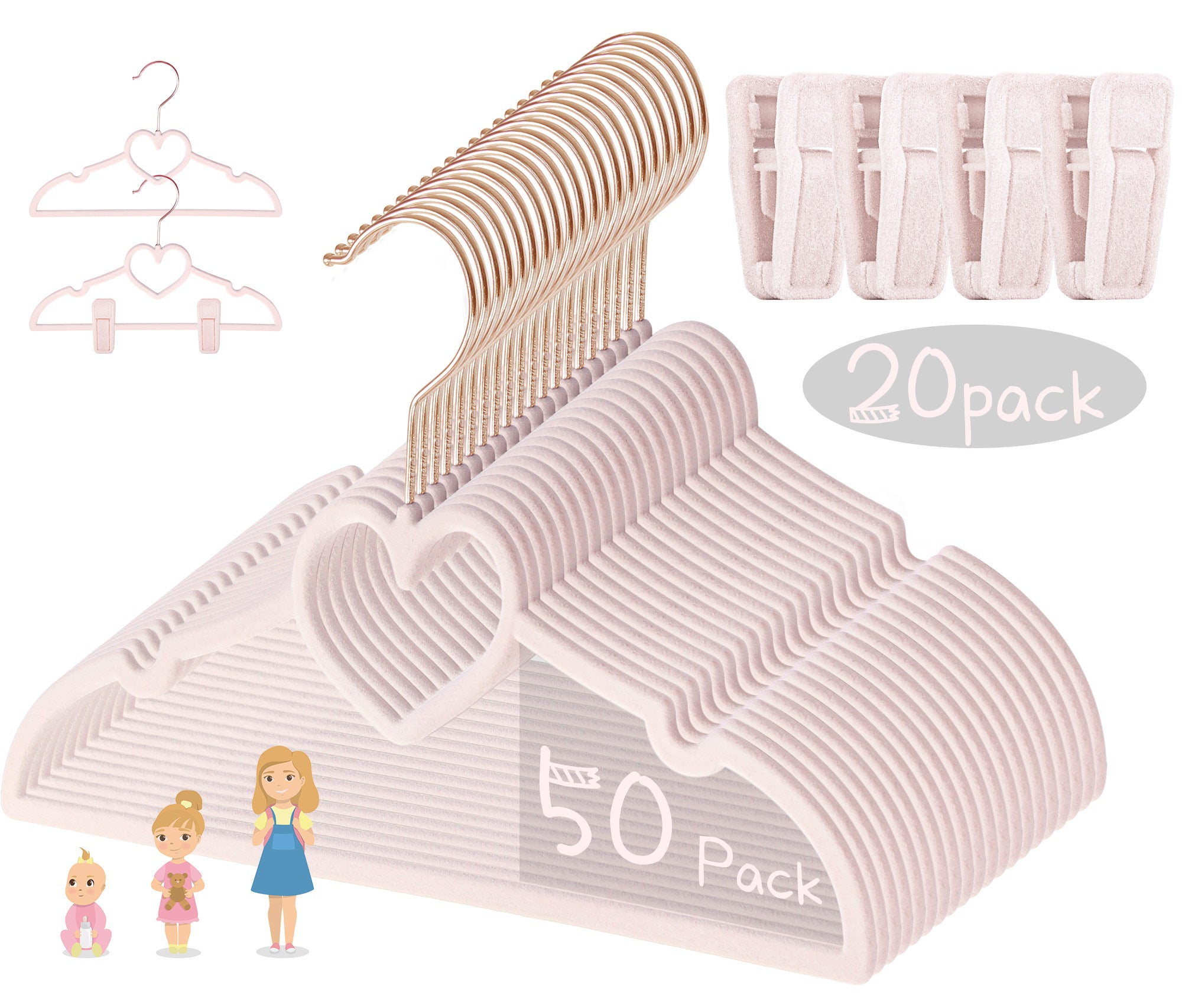 OneDream Pink Heart Velvet Baby Hangers - Toddler Hangers with Clips, Premium Velvet Strong and Durable Baby Clothes Hangers Without Slipping, Ultra Slim and Stackable Space Saving