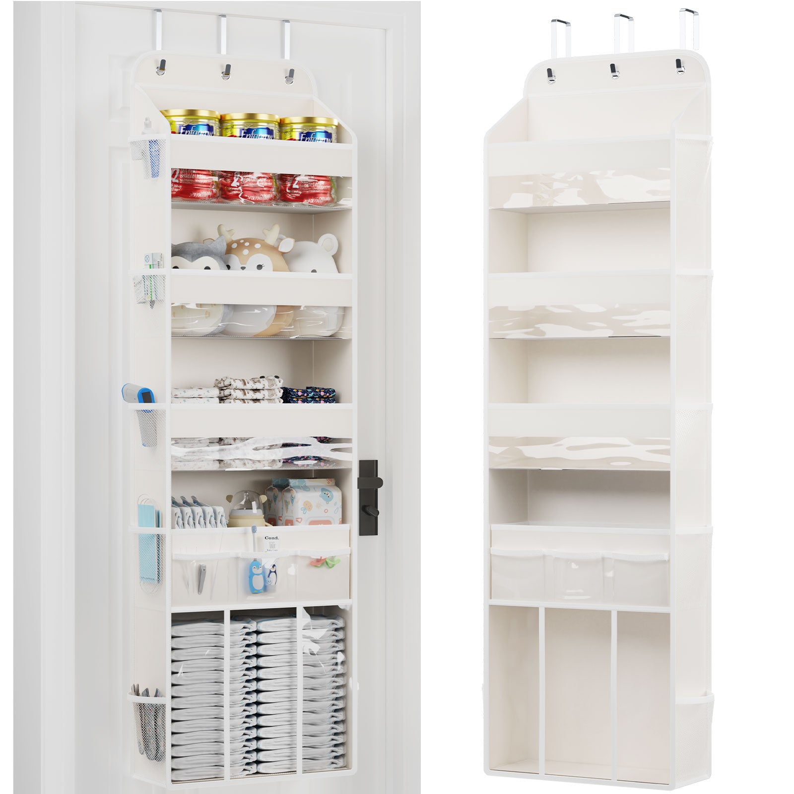 OneDream Over the Door Organizer for Nursery, 5-Tier Baby Clothes Organizer with Removable Storage Caddy, Hanging Behind Door Storage with Clear Pockets and Side Mesh Compartments
