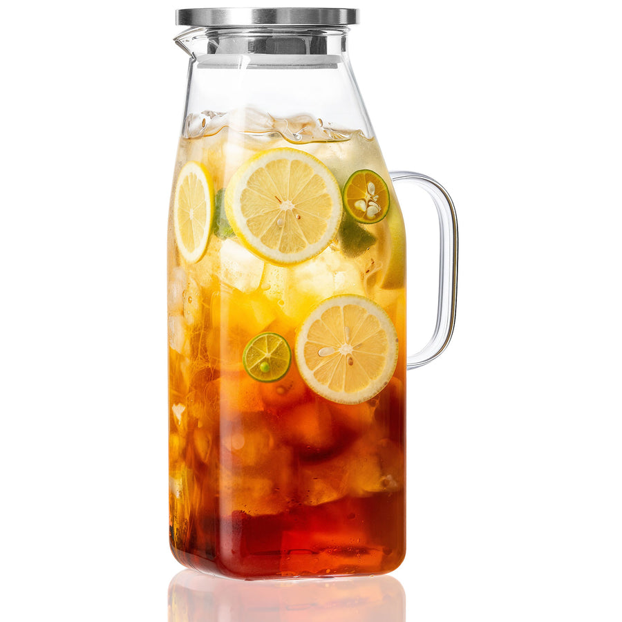 OneDream 68oz Square Glass Pitcher with Lid, 2 Pack Heat-Resistant Borosilicate Glass Water Pitcher, Wide Mouth Round Glass Pitcher with Handle, Leak-Proof Silicone-Edged Lid, for Iced Tea, Juice