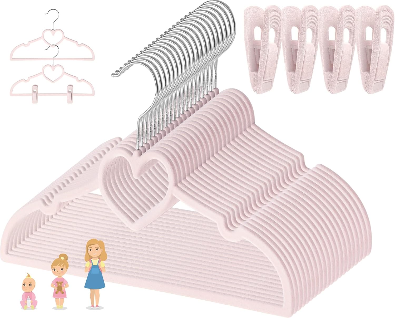 OneDream Pink Heart Velvet Baby Hangers - Toddler Hangers with Clips, Premium Velvet Strong and Durable Baby Clothes Hangers Without Slipping, Ultra Slim and Stackable Space Saving