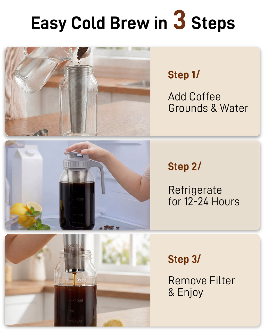 OneDream Cold Brew Coffee Maker - 2 Quart 64oz Stainless Steel Filter Cold Brew Pitcher Jar, No Leaks Cold Brew Mason Jar Coffee Maker, Easy to Clean Cold Coffee Maker