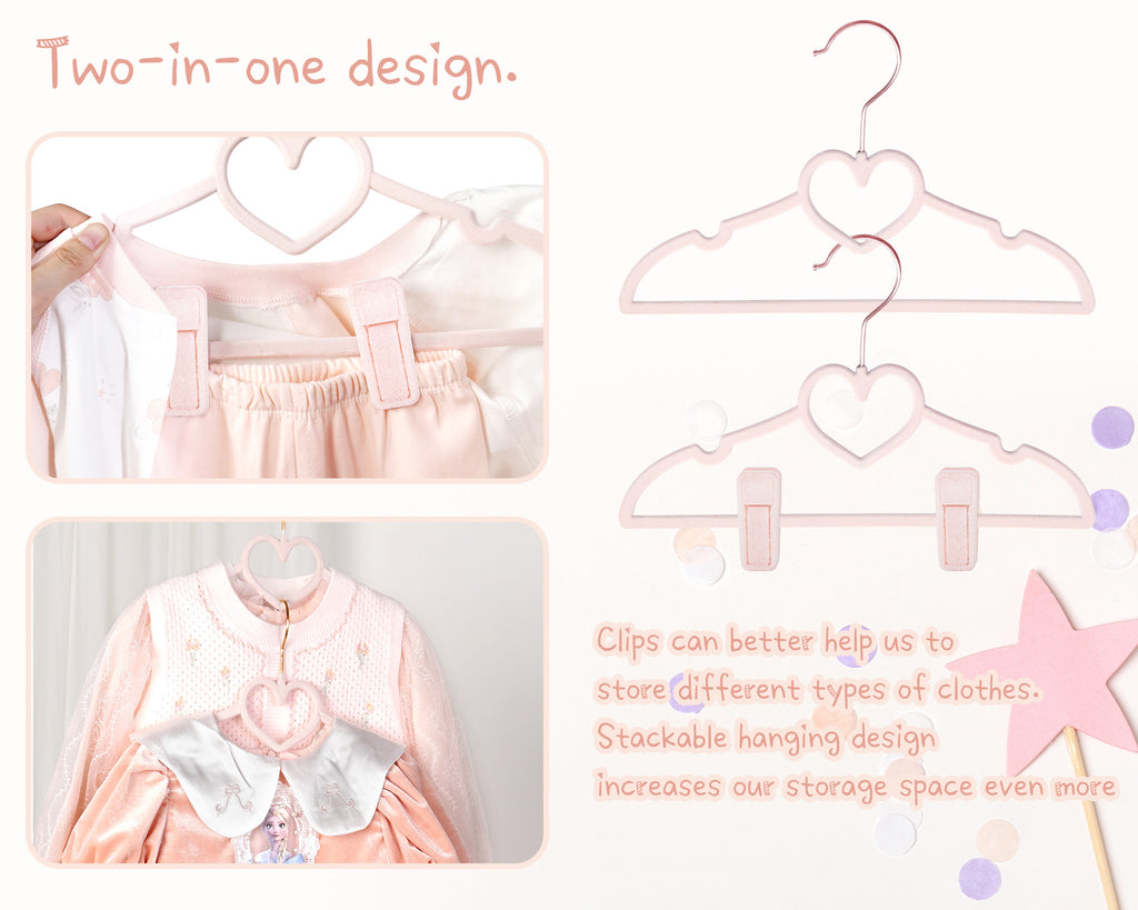 OneDream Pink Heart Velvet Baby Hangers - Toddler Hangers with Clips, Premium Velvet Strong and Durable Baby Clothes Hangers Without Slipping, Ultra Slim and Stackable Space Saving