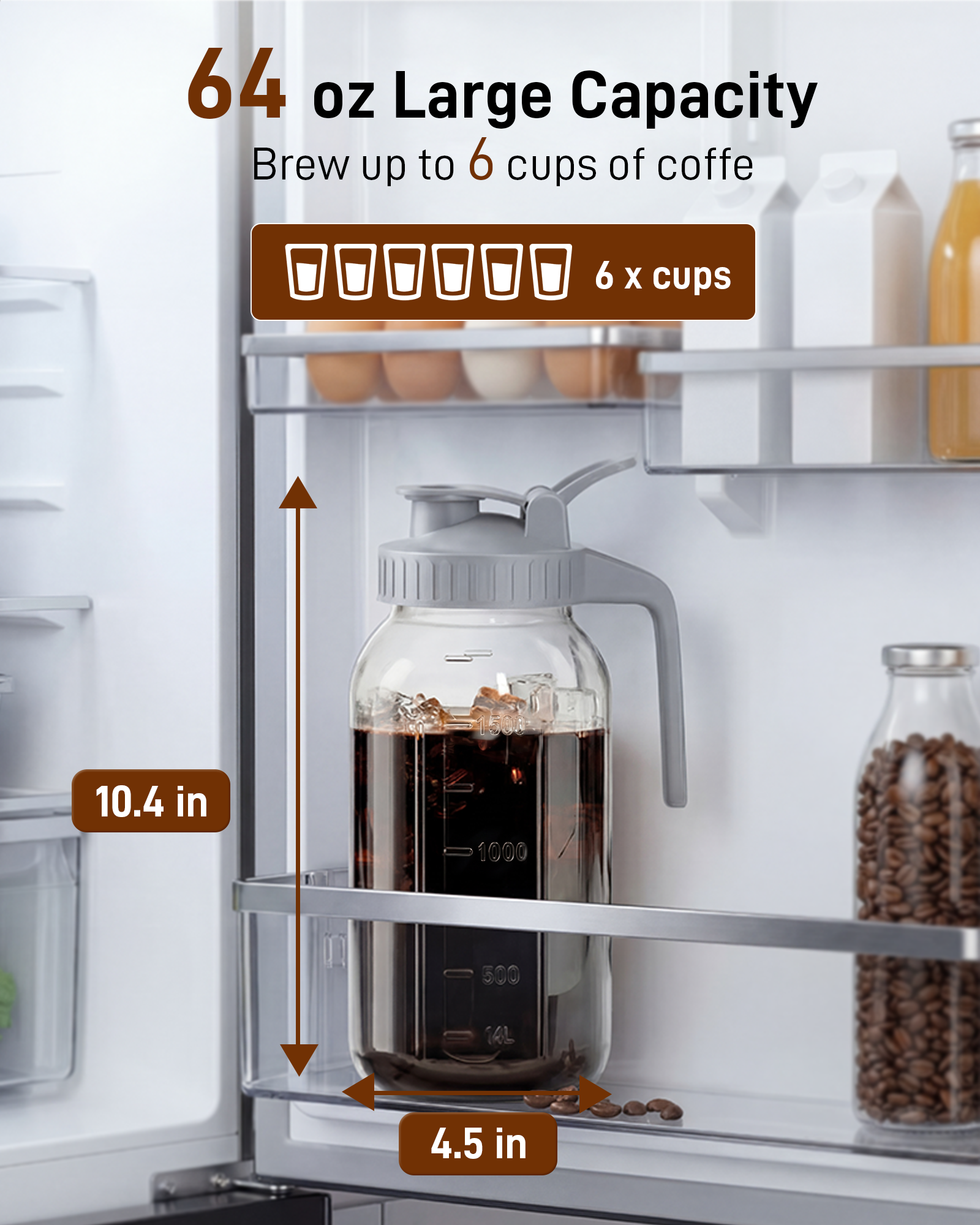 OneDream Cold Brew Coffee Maker - 2 Quart 64oz Stainless Steel Filter Cold Brew Pitcher Jar, No Leaks Cold Brew Mason Jar Coffee Maker, Easy to Clean Cold Coffee Maker