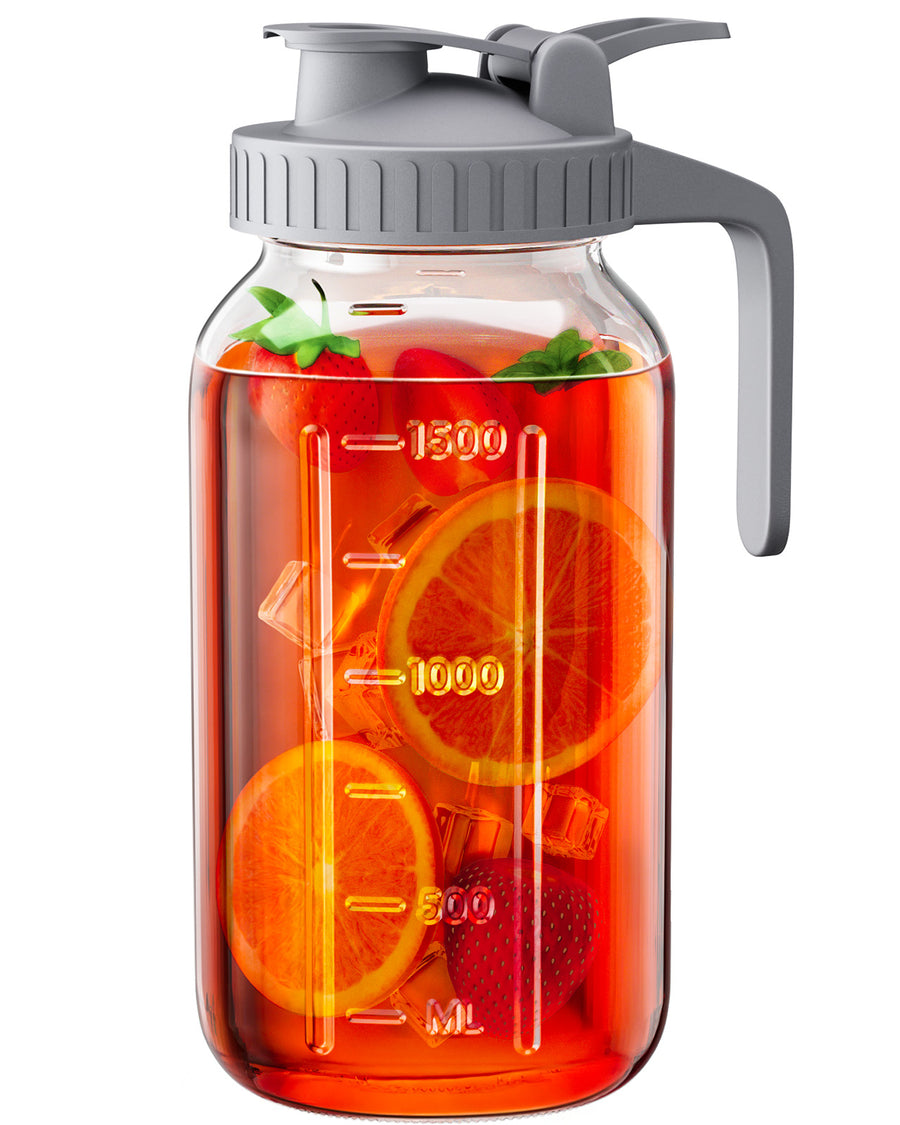 OneDream Glass Pitcher with Lid – 64oz Glass Mason Jar Pitcher with Wide Mouth, Airtight Seal, Leak-Proof, Spout Design – Ideal for Iced Tea, Sun Tea, Cold Beverages, and Home Entertaining