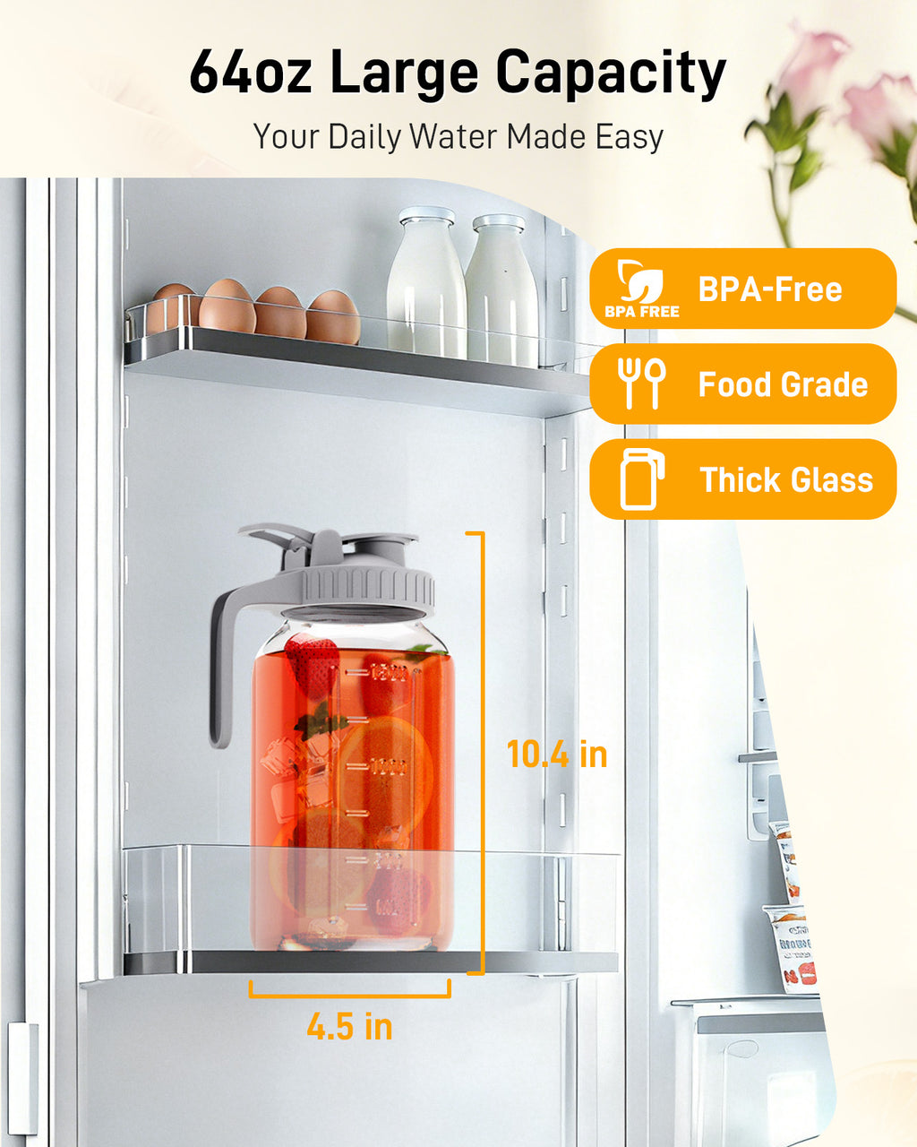 OneDream Glass Pitcher with Lid – 64oz Glass Mason Jar Pitcher with Wide Mouth, Airtight Seal, Leak-Proof, Spout Design – Ideal for Iced Tea, Sun Tea, Cold Beverages, and Home Entertaining