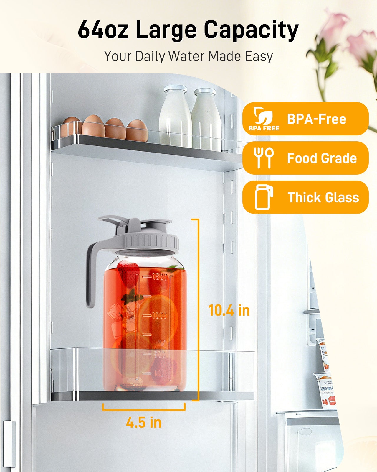 OneDream Glass Pitcher with Lid – 64oz Glass Mason Jar Pitcher with Wide Mouth, Airtight Seal, Leak-Proof, Spout Design – Ideal for Iced Tea, Sun Tea, Cold Beverages, and Home Entertaining