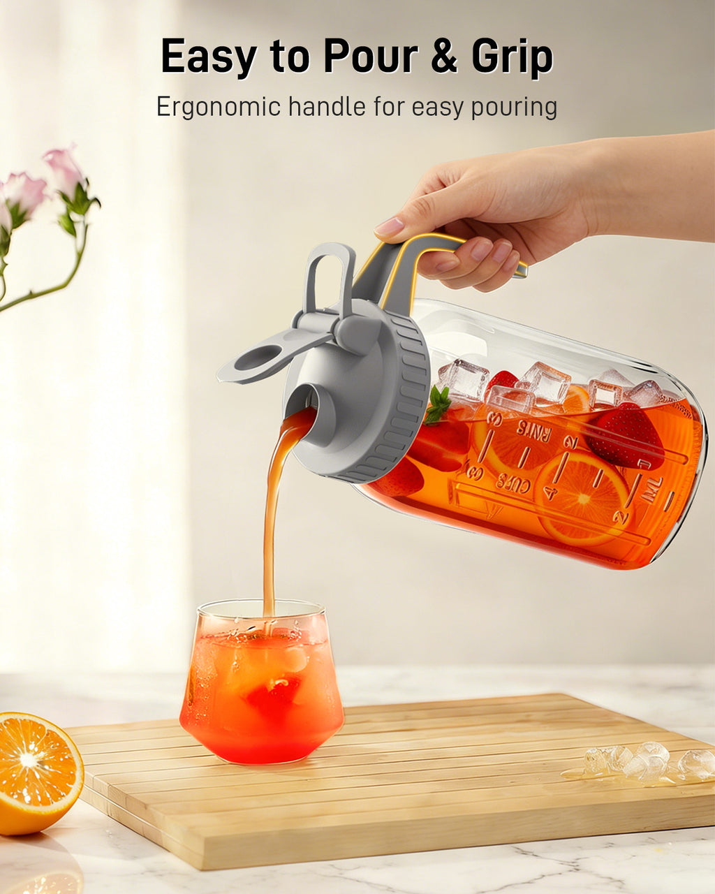 OneDream Glass Pitcher with Lid – 64oz Glass Mason Jar Pitcher with Wide Mouth, Airtight Seal, Leak-Proof, Spout Design – Ideal for Iced Tea, Sun Tea, Cold Beverages, and Home Entertaining