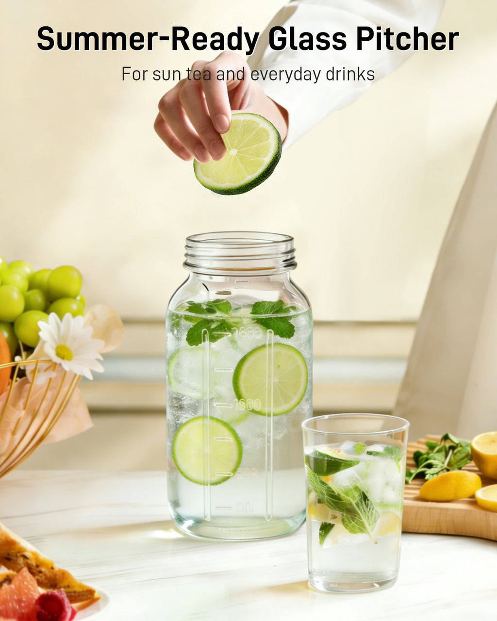 OneDream Glass Pitcher with Lid – 64oz Glass Mason Jar Pitcher with Wide Mouth, Airtight Seal, Leak-Proof, Spout Design – Ideal for Iced Tea, Sun Tea, Cold Beverages, and Home Entertaining