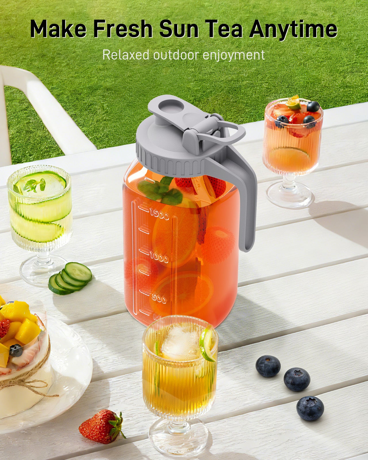 OneDream Glass Pitcher with Lid – 64oz Glass Mason Jar Pitcher with Wide Mouth, Airtight Seal, Leak-Proof, Spout Design – Ideal for Iced Tea, Sun Tea, Cold Beverages, and Home Entertaining