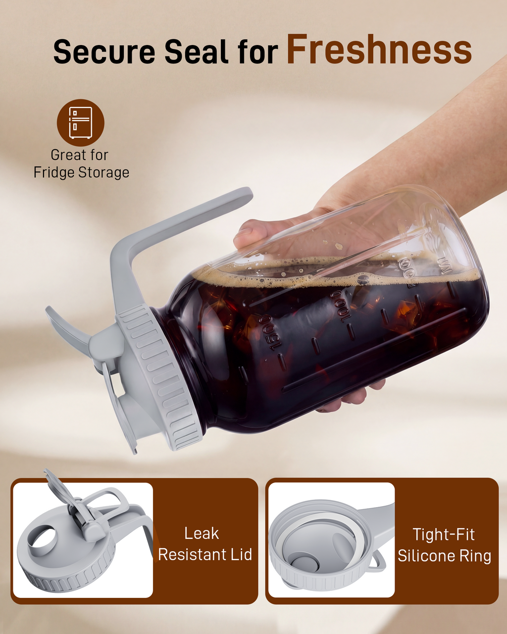 OneDream Cold Brew Coffee Maker - 2 Quart 64oz Stainless Steel Filter Cold Brew Pitcher Jar, No Leaks Cold Brew Mason Jar Coffee Maker, Easy to Clean Cold Coffee Maker