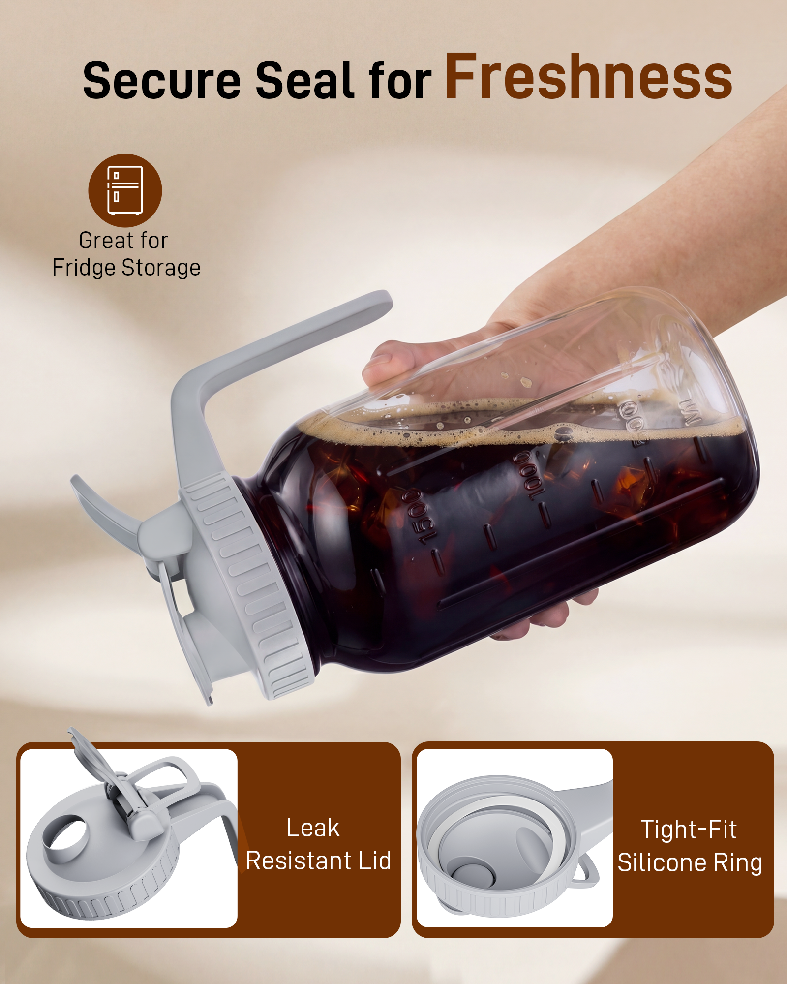 OneDream Cold Brew Coffee Maker - 2 Quart 64oz Stainless Steel Filter Cold Brew Pitcher Jar, No Leaks Cold Brew Mason Jar Coffee Maker, Easy to Clean Cold Coffee Maker
