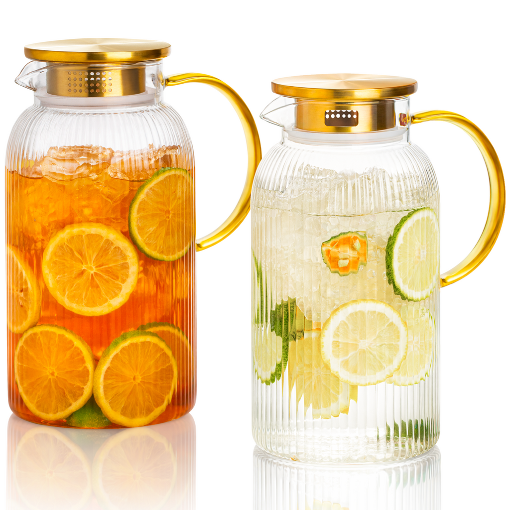 OneDream 2 Pack Glass Pitcher with Lid, 68 oz Heat-Resistant Borosilicate Glass Water Pitcher, Wide Mouth Round Glass Pitcher with Handle, Leak-Proof Silicone-Edged Lid, for Iced Tea, Coffee, Juice
