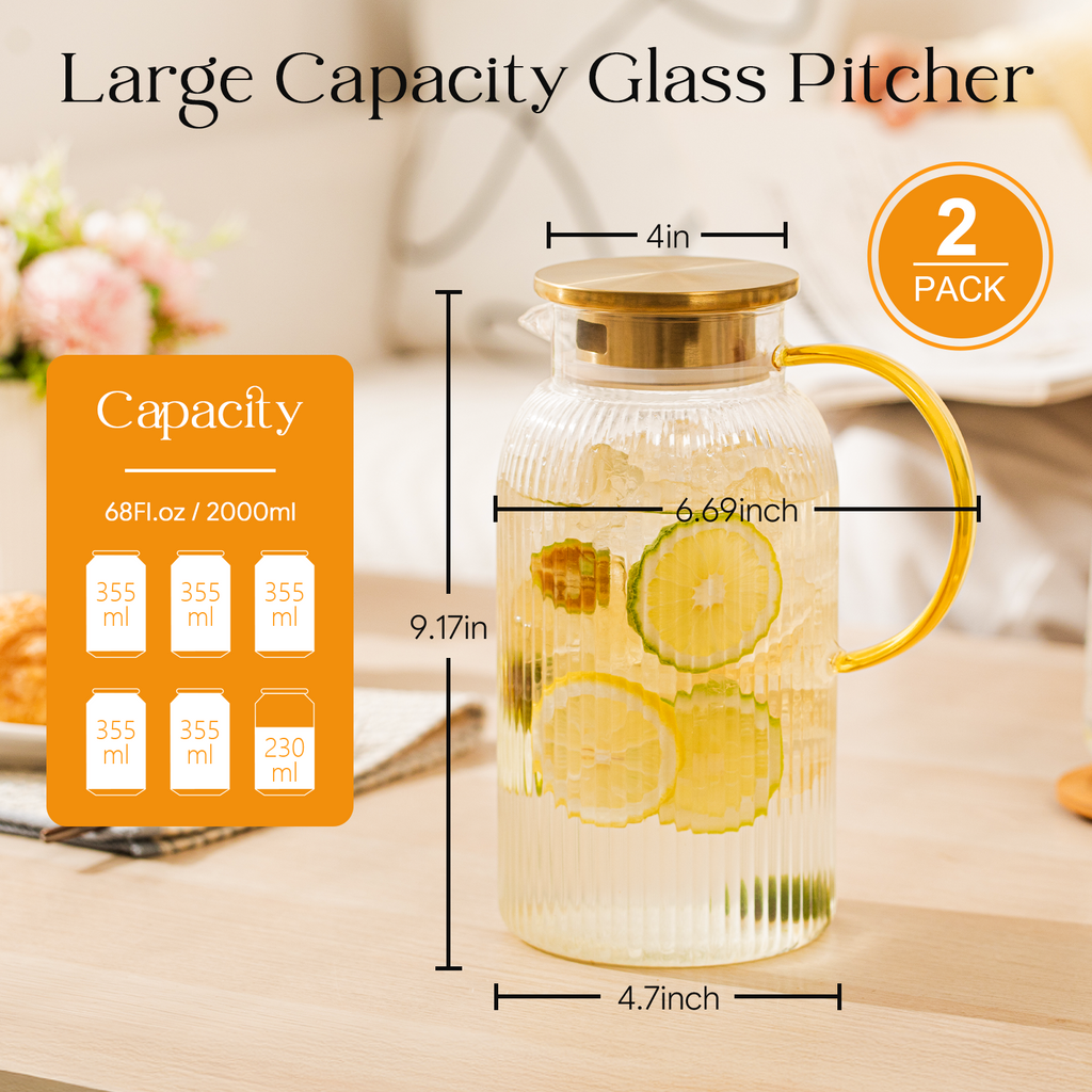 OneDream 2 Pack Glass Pitcher with Lid, 68 oz Heat-Resistant Borosilicate Glass Water Pitcher, Wide Mouth Round Glass Pitcher with Handle, Leak-Proof Silicone-Edged Lid, for Iced Tea, Coffee, Juice