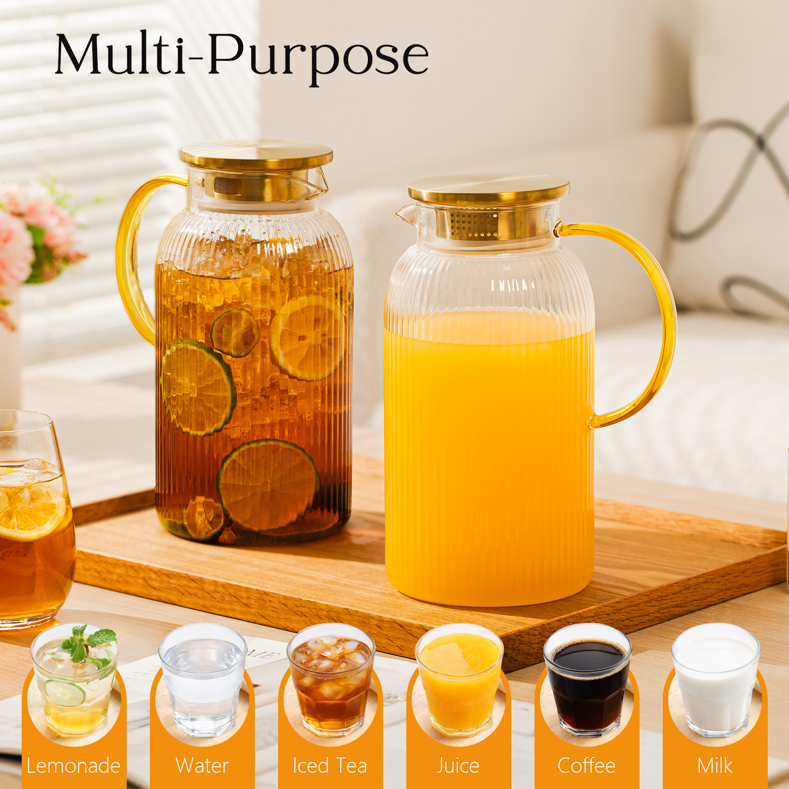 OneDream 2 Pack Glass Pitcher with Lid, 68 oz Heat-Resistant Borosilicate Glass Water Pitcher, Wide Mouth Round Glass Pitcher with Handle, Leak-Proof Silicone-Edged Lid, for Iced Tea, Coffee, Juice