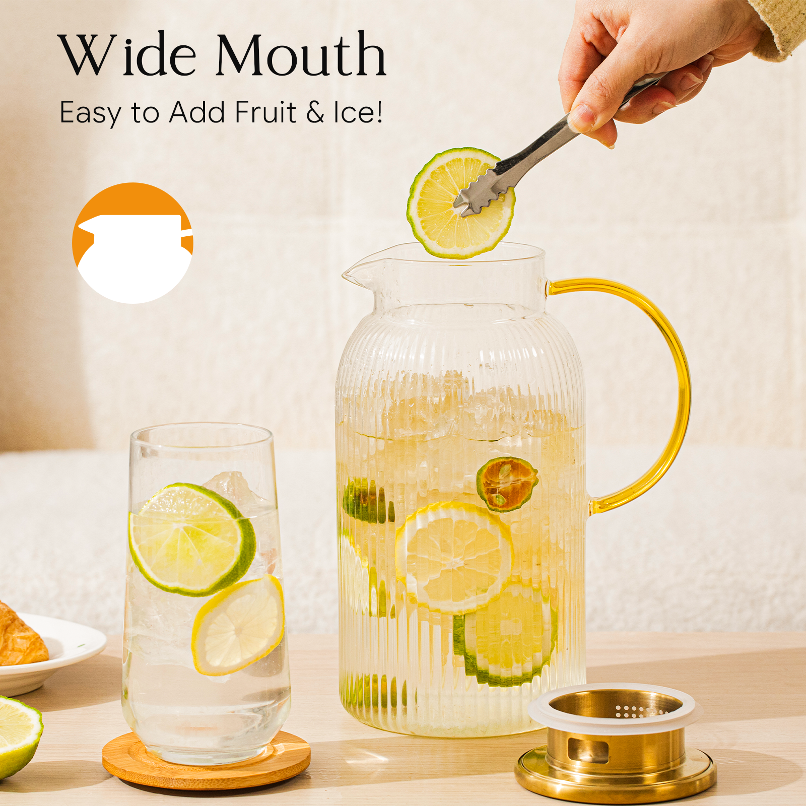 OneDream 2 Pack Glass Pitcher with Lid, 68 oz Heat-Resistant Borosilicate Glass Water Pitcher, Wide Mouth Round Glass Pitcher with Handle, Leak-Proof Silicone-Edged Lid, for Iced Tea, Coffee, Juice