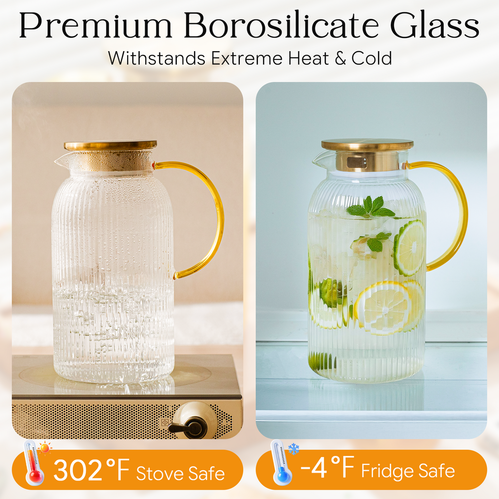 OneDream 2 Pack Glass Pitcher with Lid, 68 oz Heat-Resistant Borosilicate Glass Water Pitcher, Wide Mouth Round Glass Pitcher with Handle, Leak-Proof Silicone-Edged Lid, for Iced Tea, Coffee, Juice