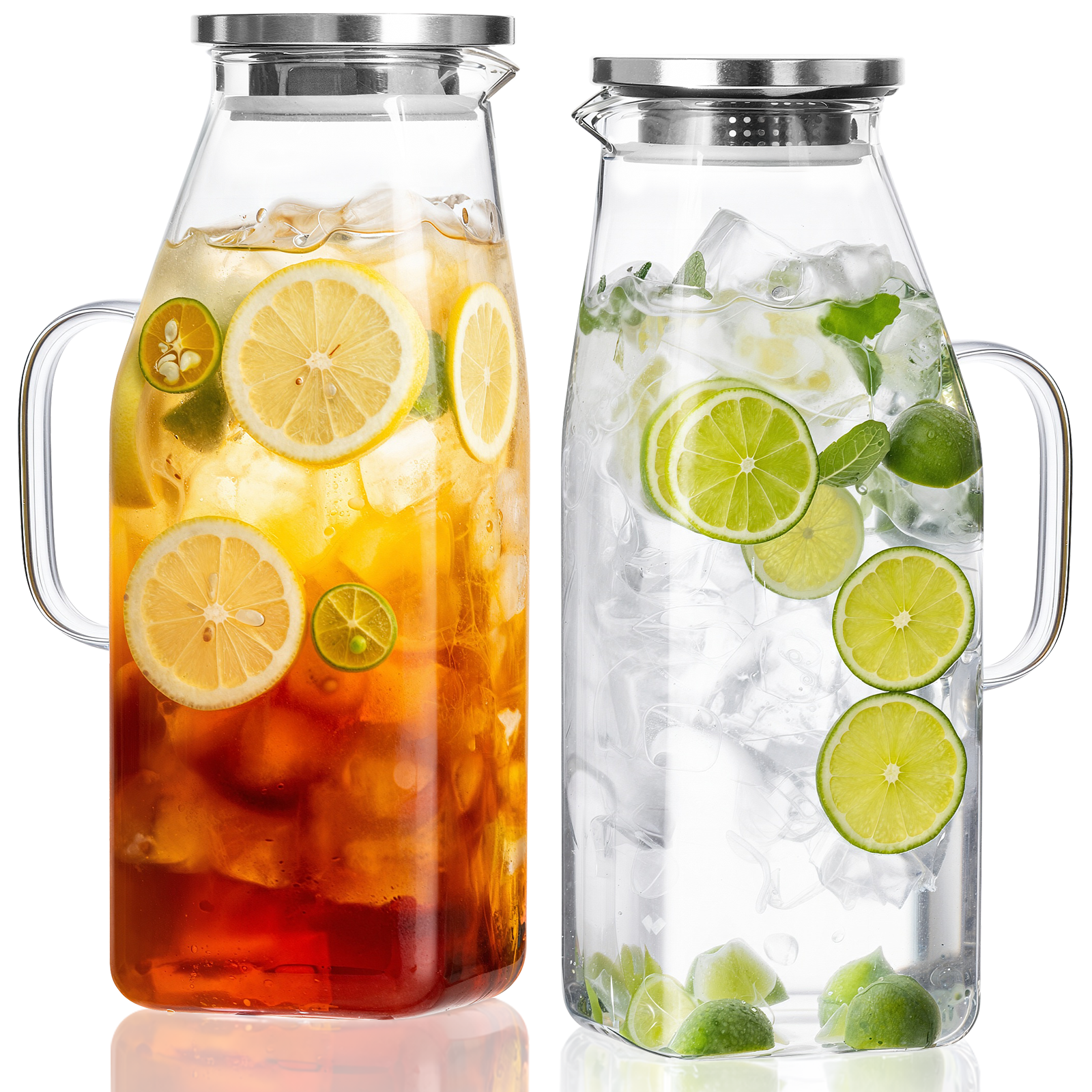 OneDream 68oz Square Glass Pitcher with Lid, 2 Pack Heat-Resistant Borosilicate Glass Water Pitcher, Wide Mouth Round Glass Pitcher with Handle, Leak-Proof Silicone-Edged Lid, for Iced Tea, Juice