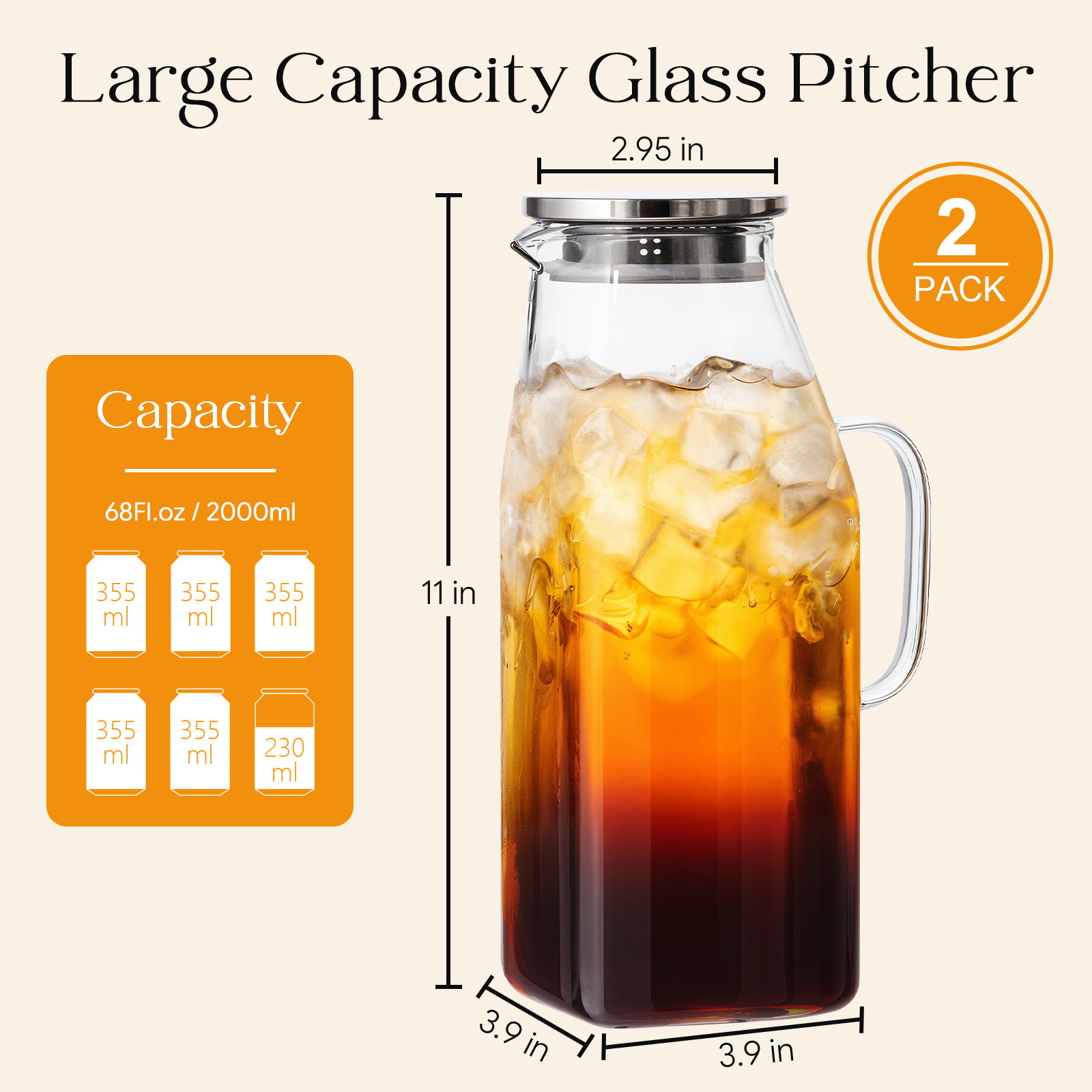 OneDream 68oz Square Glass Pitcher with Lid, 2 Pack Heat-Resistant Borosilicate Glass Water Pitcher, Wide Mouth Round Glass Pitcher with Handle, Leak-Proof Silicone-Edged Lid, for Iced Tea, Juice