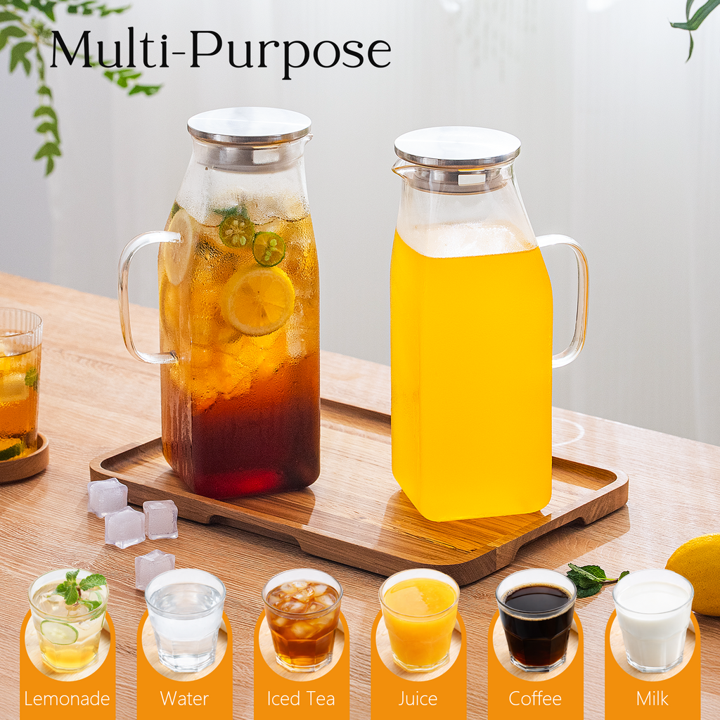 OneDream 68oz Square Glass Pitcher with Lid, 2 Pack Heat-Resistant Borosilicate Glass Water Pitcher, Wide Mouth Round Glass Pitcher with Handle, Leak-Proof Silicone-Edged Lid, for Iced Tea, Juice