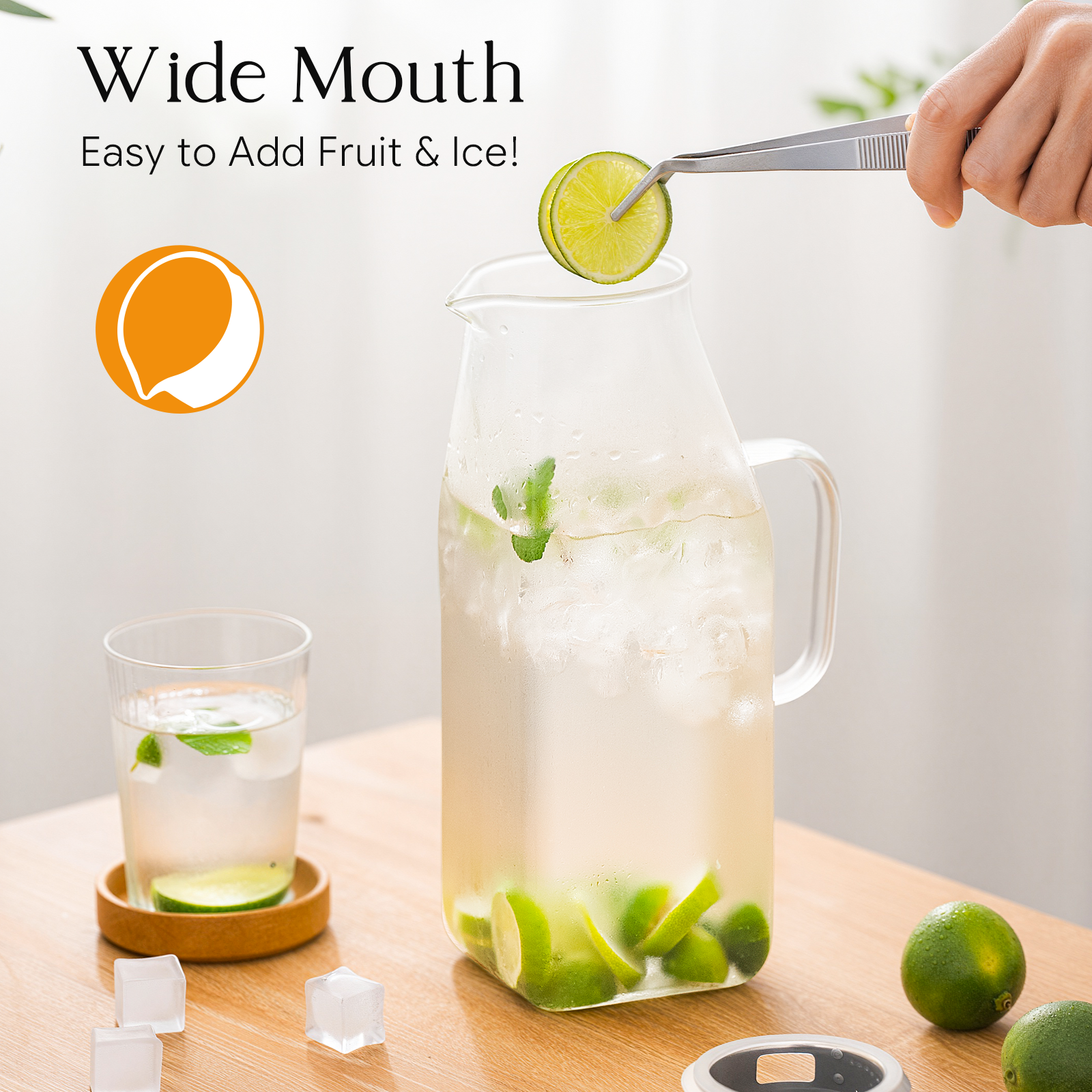 OneDream 68oz Square Glass Pitcher with Lid, 2 Pack Heat-Resistant Borosilicate Glass Water Pitcher, Wide Mouth Round Glass Pitcher with Handle, Leak-Proof Silicone-Edged Lid, for Iced Tea, Juice