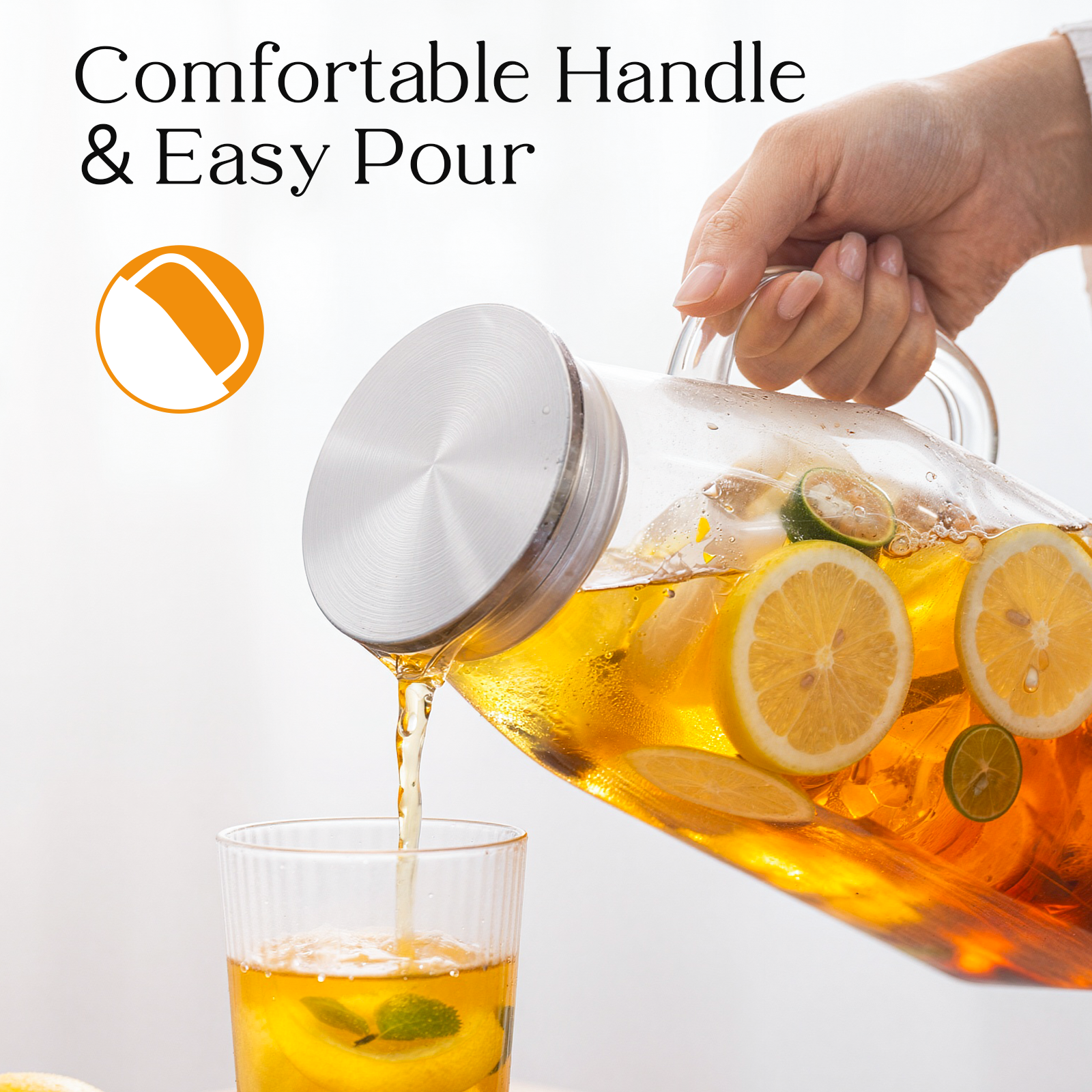 OneDream 68oz Square Glass Pitcher with Lid, 2 Pack Heat-Resistant Borosilicate Glass Water Pitcher, Wide Mouth Round Glass Pitcher with Handle, Leak-Proof Silicone-Edged Lid, for Iced Tea, Juice