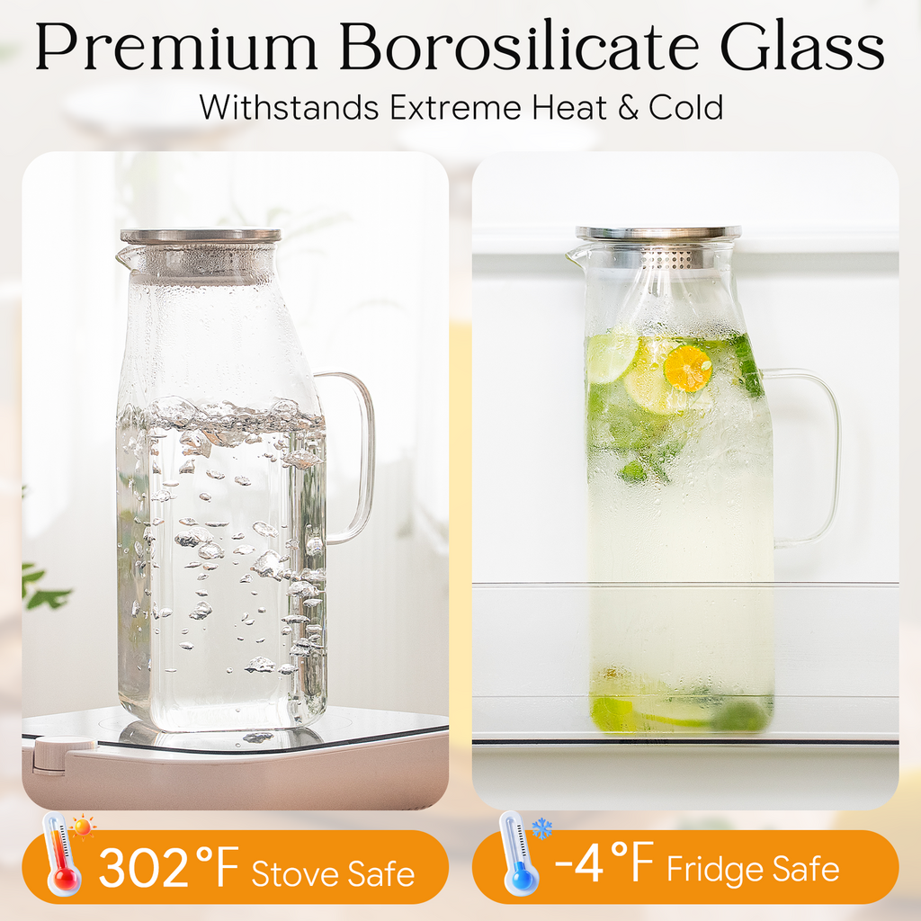 OneDream 68oz Square Glass Pitcher with Lid, 2 Pack Heat-Resistant Borosilicate Glass Water Pitcher, Wide Mouth Round Glass Pitcher with Handle, Leak-Proof Silicone-Edged Lid, for Iced Tea, Juice