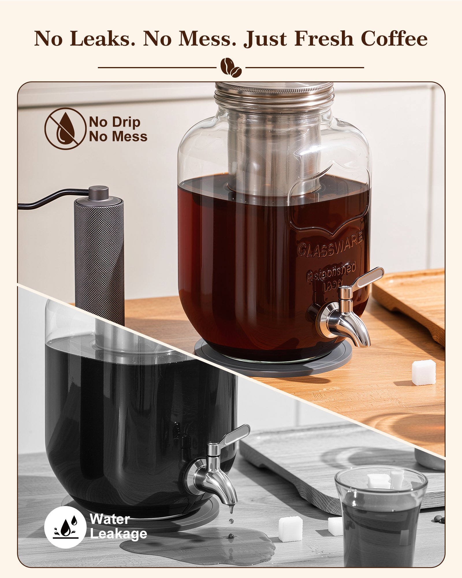 OneDream 1 Gallon Cold Brew Coffee Maker, Glass Cold Brew Pitcher with Stainless Steel Filter and Spigot, Iced Coffee Maker for Fridge with Silicone Vent Lid, Sun Tea Brewer
