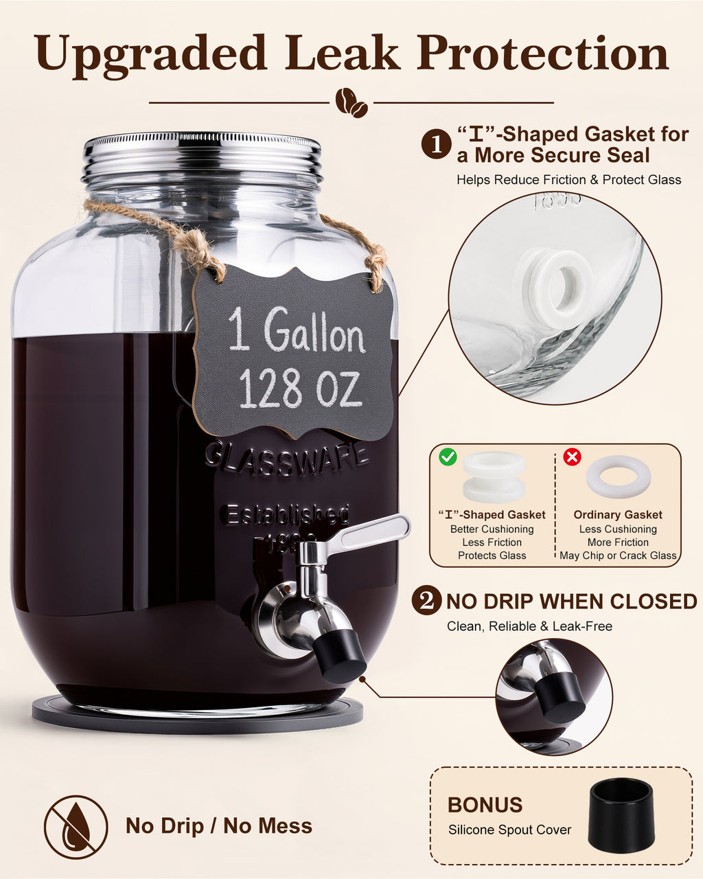 OneDream 1 Gallon Cold Brew Coffee Maker, Glass Cold Brew Pitcher with Stainless Steel Filter and Spigot, Iced Coffee Maker for Fridge with Silicone Vent Lid, Sun Tea Brewer