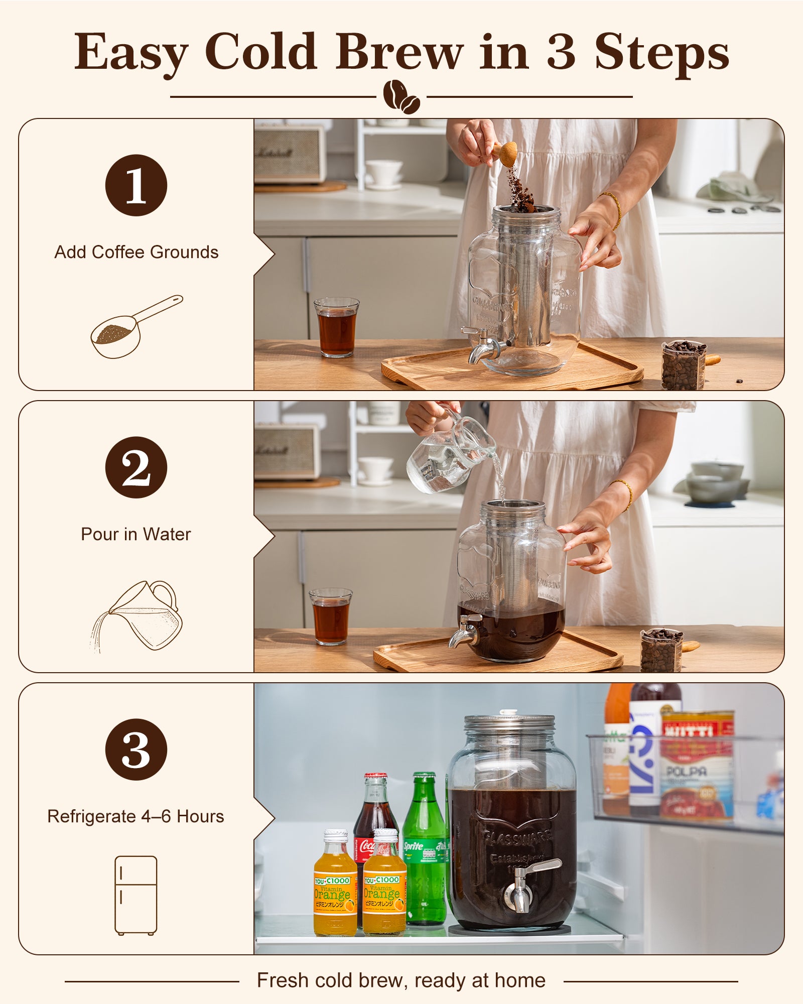 OneDream 1 Gallon Cold Brew Coffee Maker, Glass Cold Brew Pitcher with Stainless Steel Filter and Spigot, Iced Coffee Maker for Fridge with Silicone Vent Lid, Sun Tea Brewer