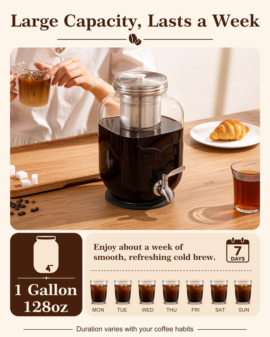 OneDream 1 Gallon Cold Brew Coffee Maker, Glass Cold Brew Pitcher with Stainless Steel Filter and Spigot, Iced Coffee Maker for Fridge with Silicone Vent Lid, Sun Tea Brewer