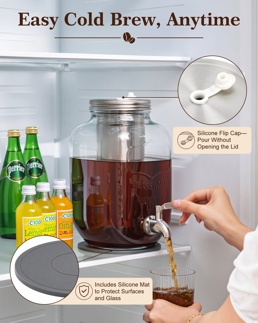OneDream 1 Gallon Cold Brew Coffee Maker, Glass Cold Brew Pitcher with Stainless Steel Filter and Spigot, Iced Coffee Maker for Fridge with Silicone Vent Lid, Sun Tea Brewer