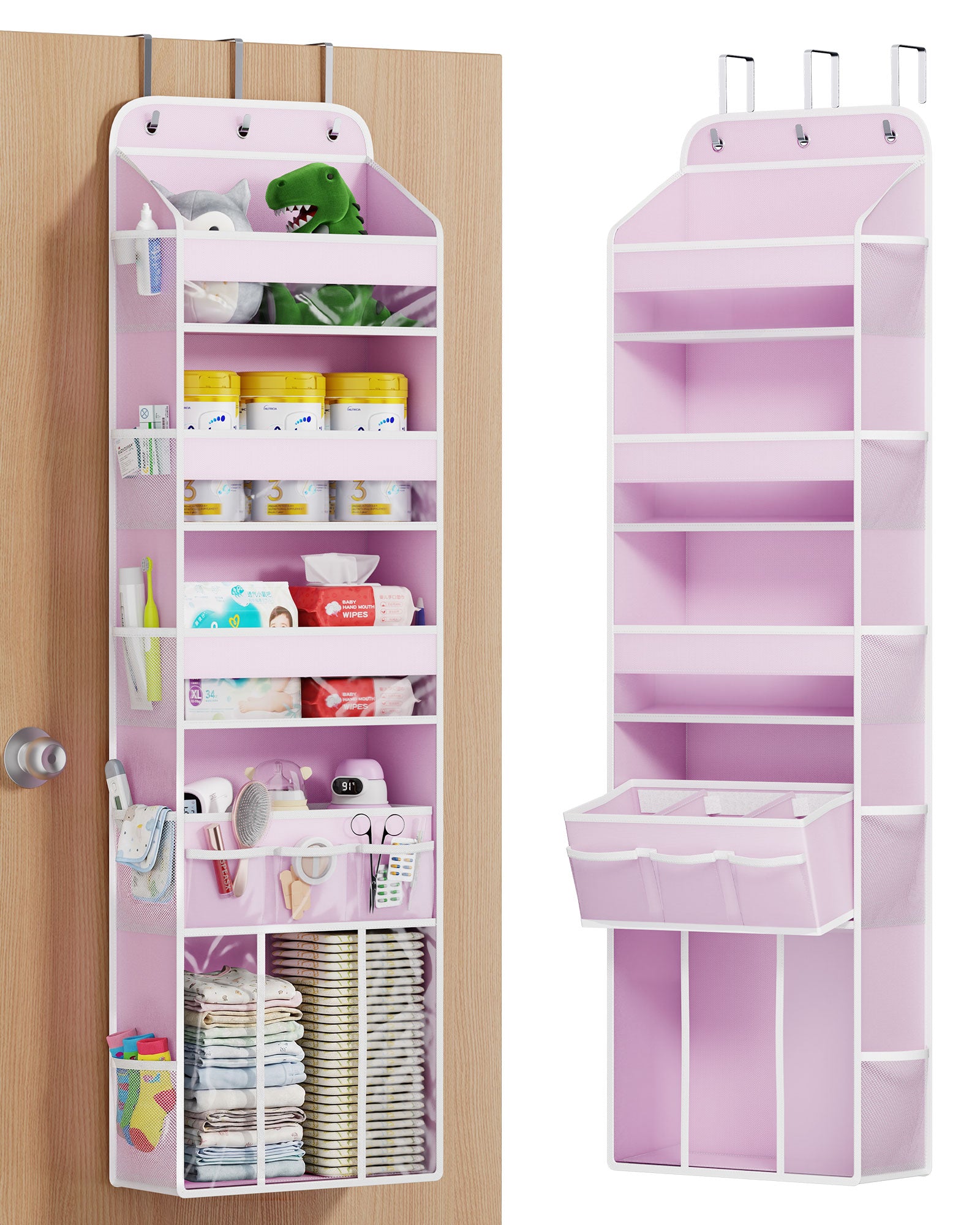 OneDream Over the Door Organizer for Nursery, 5-Tier Baby Clothes Organizer with Removable Storage Caddy, Hanging Behind Door Storage with Clear Pockets and Side Mesh Compartments